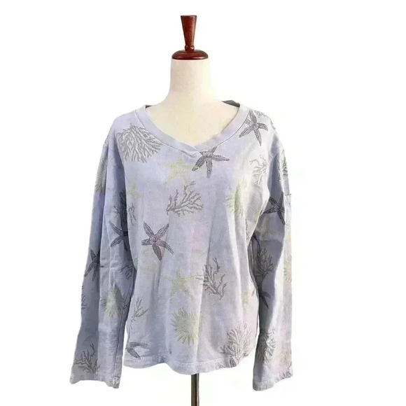 Fresh Produce Seashell Large Sweatshirt VTG Vintage 90s Women's Sea Beach Blue - Picture 1 of 10